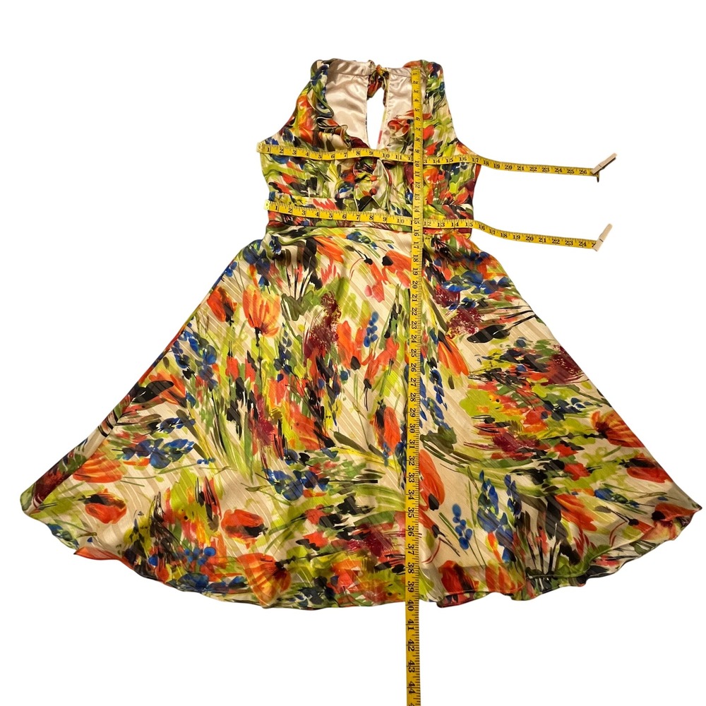 Donna Ricco Floral Midi Dress Womens 10 Yellow Abstract Ruffle Garden Artsy Chic - Picture 5 of 13